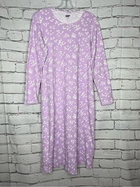 Lands End Long Sleeve Nightgown Size M Purple Floral Cotton PJs Lounge